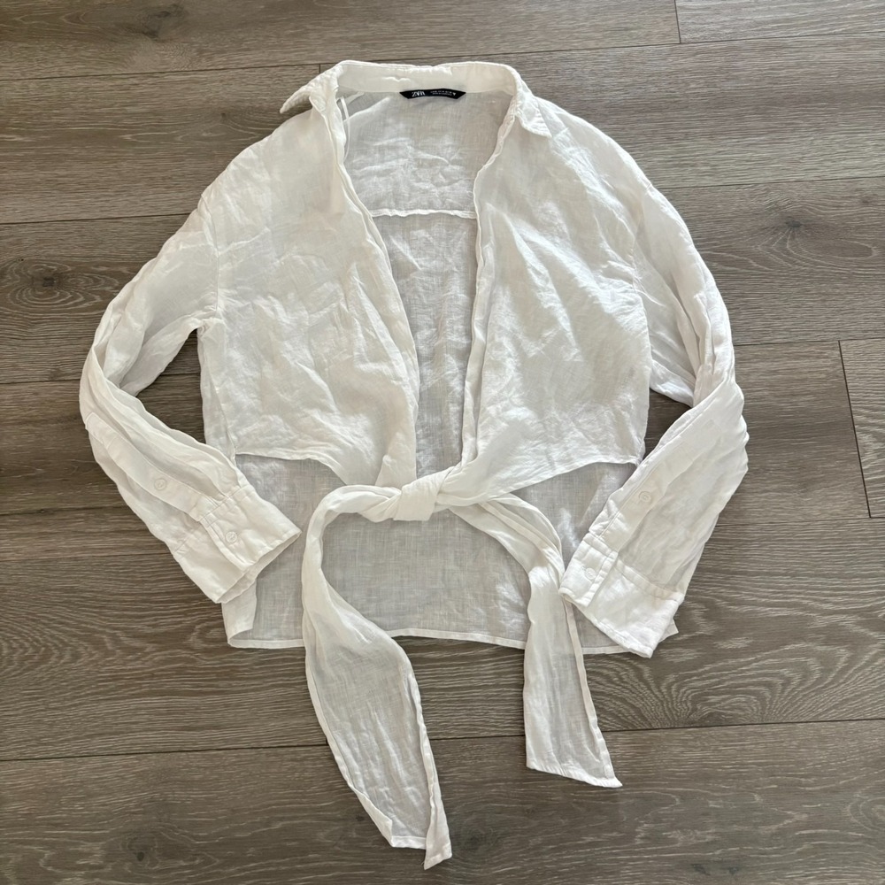 Zara White Tie-Front Button Down Shirt